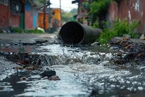 ai generiert Wasser Verschmutzung, Umgebung Kontamination. kontaminiert Wasser, schmutzig Abwasser fließt von Rohr foto