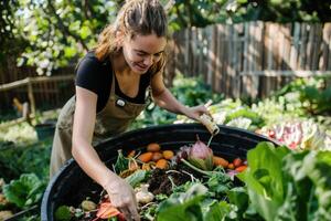 ai generiert Kompostierung Küche Gemüse Schrott Essen Abfall zum Recycling, ökologisch verantwortlich Kompost foto
