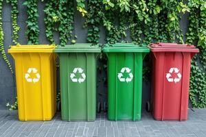 ai generiert Abfall Sortierung Müll Mülleimer, Müll Büchsen. Sortierung Müll. Ökologie Müll Recycling foto