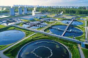 ai generiert Wasser Behandlung Anlage, Behandlung Einrichtungen. Recycling. Abfall wird bearbeitet Wasser Behandlung Pflanze foto