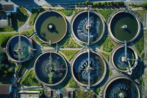 ai generiert Wasser Behandlung Anlage, Behandlung Einrichtungen. Recycling. Abfall wird bearbeitet Wasser Behandlung Pflanze foto