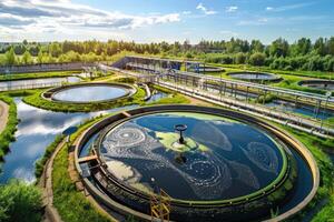 ai generiert Wasser Behandlung Anlage, Behandlung Einrichtungen. Recycling. Abfall wird bearbeitet Wasser Behandlung Pflanze foto