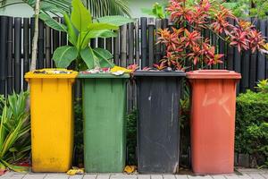 ai generiert Abfall Sortierung Müll Mülleimer, Müll Büchsen. Sortierung Müll. Ökologie Müll Recycling foto