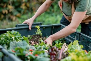 ai generiert Kompostierung Küche Gemüse Schrott Essen Abfall zum Recycling, ökologisch verantwortlich Kompost foto