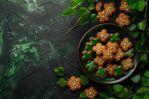 ai generiert st. Patrick Tag Lebkuchen Zucker Kekse dekoriert mit Klee, Grün glasiert Kleeblatt foto