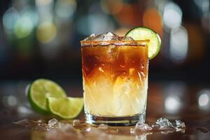 ai generiert Rum Cocktail mit Limette und Eis im ein Glas, Bar Schalter, Party Nacht, lebendig Bar Beleuchtung foto