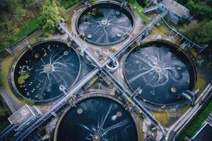 ai generiert Wasser Behandlung Anlage, Behandlung Einrichtungen. Recycling. Abfall wird bearbeitet Wasser Behandlung Pflanze foto