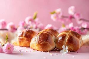 ai generiert Ostern gebacken heiß Kreuz Gebäck festlich Ostern Nachtisch, Mini Eier, Frühling Blumen, Raum zum Text foto