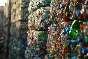 ai generiert Stapel von Plastik Flaschen beim Abfall Müll Recycling Pflanze. sekundär Materialien. Sortierung Müll foto