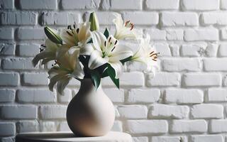 ai generiert Lilien im ein Vase alt Backstein Mauer Hintergrund foto