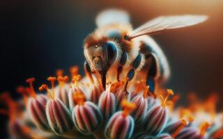 ai generiert Bienen schnüffeln Blumen. Bienen saugen Nektar und Pollen. schließen oben Foto