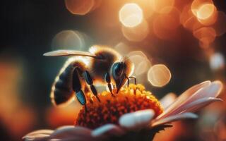ai generiert Bienen schnüffeln Blumen. Bienen saugen Nektar und Pollen. schließen oben Foto