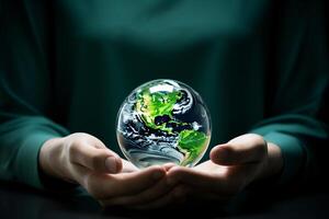 ai generiert ein Person ist halten ein Globus im ihr Hände. das Globus ist gemacht von Glas und ist Grün im Farbe foto