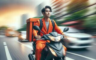ai generiert Essen Lieferung Arbeiter im Orange Uniform Reiten ein Motorrad zu liefern Artikel zu Kunden Lieferung Konzept foto