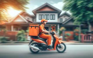 ai generiert Essen Lieferung Arbeiter im Orange Uniform Reiten ein Motorrad zu liefern Artikel zu Kunden Lieferung Konzept foto