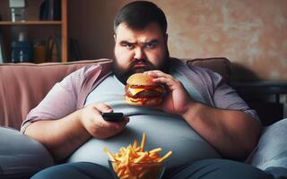 ai generiert Fett Mann Sitzung und Essen Hamburger auf das Sofa. im das Leben Zimmer das Konzept von Fettleibigkeit weil von Essen Müll Essen foto