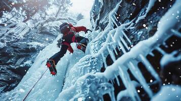 ai generiert ein chillen Expedition von Eis Klettern Über ein gefroren Wasserfall, Hervorheben das extrem Sport inmitten das eisig Schönheit von der Natur Kunst foto