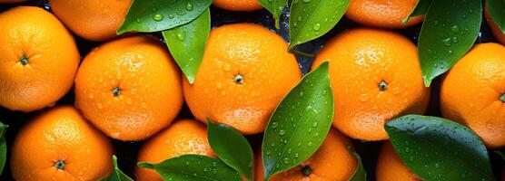 ai generiert saftig Orange mit Blätter, Hervorheben das detailliert Muster und erfrischend Tröpfchen von Wasser auf ein reich farbig Zitrusfrüchte Obst Hintergrund foto