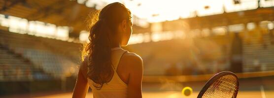 ai generiert Fachmann weiblich Tennis Spieler im Aktion beim das Stadion, das Nachmittag Sonne Hervorheben ihr Fokus und Präzision mit das Schläger foto