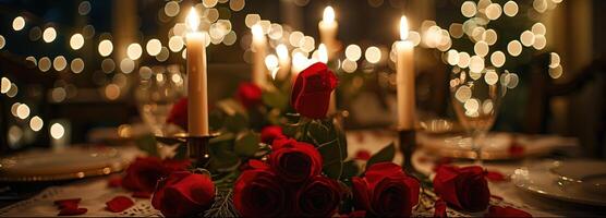 ai generiert Valentinsgrüße Tag speziell, ein intim Kerzenlicht Abendessen inmitten Rosen und herzförmig Dekorationen zum ein romantisch Abend mit Ihre geliebt eins. foto