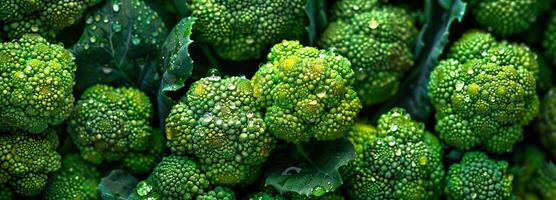ai generiert frisch Grün Brokkoli Nahansicht mit feucht Blätter, präsentieren beschwingt Texturen foto
