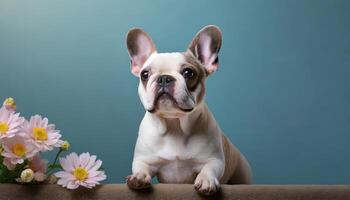 ai generiert charmant Porträt von ein Französisch Bulldogge mit Blumen neben foto