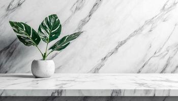 ai generiert abstrakt Weiß Marmor Tischplatte mit Pflanze und Kopieren Raum Hintergrund foto