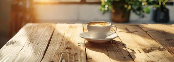 ai generiert Morgen Kaffee Ambiente mit Espresso Tasse auf sonnengeküsst Tisch, expresso hölzern Tabelle foto