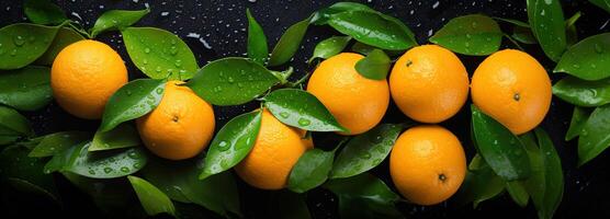 ai generiert saftig Orange mit Blätter, Hervorheben das detailliert Muster und erfrischend Tröpfchen von Wasser auf ein reich farbig Zitrusfrüchte Obst Hintergrund foto