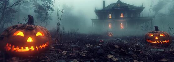 ai generiert Halloween Geheimnis enthüllt, ein gespenstisch, voller Nebel Szene mit unheimlich Kürbislaternen und ein Spuk Silhouette von ein verfolgt Haus, perfekt zum ein gruselig Nacht. foto