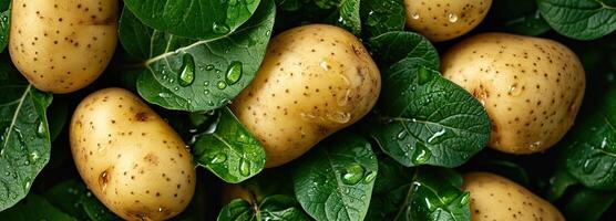 ai generiert frisch, organisch Kartoffeln mit Wasser Tropfen, Ideal zum kulinarisch und Bauernhof Konzepte. foto