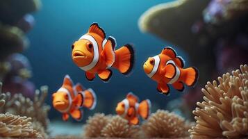 ai generiert ein Gruppe von beschwingt Clownfisch Schwimmen unter Meer Anemonen im ein bunt unter Wasser Rahmen foto