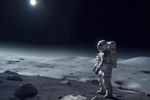 ai generiert Astronaut Stehen auf Mond ist Oberfläche, Mond- Terrain Hintergrund foto