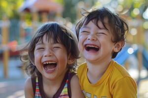 ai generiert froh Kinder Lachen draußen foto