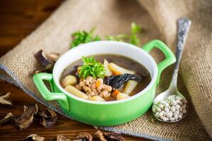 Pilz heiß Suppe mit Bohnen im ein Schüssel foto