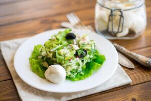 frisch Sommer- Salat mit früh Kohl, Gurken, Radieschen und andere Gemüse im ein Teller foto