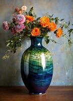 ai generiert bunt dekorativ Glas Vase mit Grün und Blau Muster auf das Tisch. schließen hoch. ai generativ foto