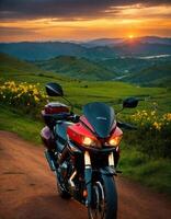 ai generiert Motorradfahrer Reiten ein Motorrad auf ein Land Straße beim Sonnenuntergang. ai generativ foto