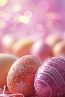 ai generiert Ostern Ei gegen ein Pastell- Bokeh Hintergrund, Erstellen ein beschwingt und wunderlich Feier Ostern Festival. foto