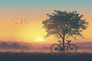ai generiert heiter Sonnenuntergang Fahrrad Szene foto