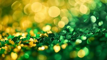 ai generiert beschwingt Hintergrund von Grün und Gold funkeln mit Kleeblätter, konzeptionell damit verbundenen mit st Patricks Tag Feierlichkeiten foto