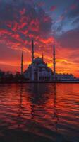 ai generiert Moschee auf das Flussufer beim Sonnenuntergang. islamisch Hintergrund foto