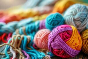 ai generiert gemütlich Vielfalt von bunt Garn zum Stricken und unvollendet gestrickt arbeiten. das Konzept von Hobby und Komfort. generativ ai foto