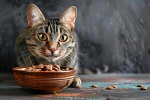 ai generiert schön flauschige Katze Sitzung Nächster zu ein Essen Schüssel. süß inländisch Tier. generativ ai foto