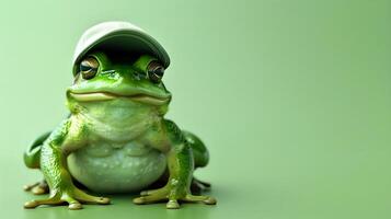 ai generiert süß wenig Grün Frosch tragen Baseball Hut isoliert auf Grün Hintergrund, Tiere und Tierwelt Vorlage mit Kopieren Raum Bereich, Hintergrund, Banner foto