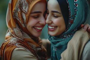 ai generiert Muslim Frauen Lächeln und Umarmung jeder andere foto