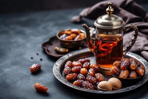 ai generiert Ramadan Essen und Getränke Konzept. Ramadan Tee und Termine Früchte auf dunkel Hintergrund foto