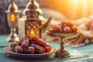 ai generiert Ramadan Essen und Getränke Konzept. Ramadan Tee und Termine Früchte auf dunkel Hintergrund foto