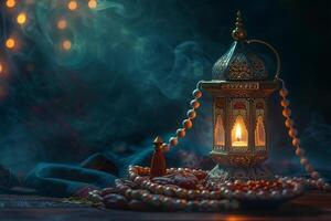 ai generiert Aladdin Lampe von wünscht sich, Termine, Muslim Laterne und Gebet Perlen zum Ramadan auf dunkel Hintergrund foto