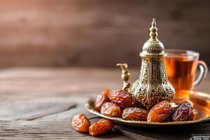 ai generiert Ramadan Essen und Getränke Konzept. Ramadan Tee und Termine Früchte auf dunkel Hintergrund foto